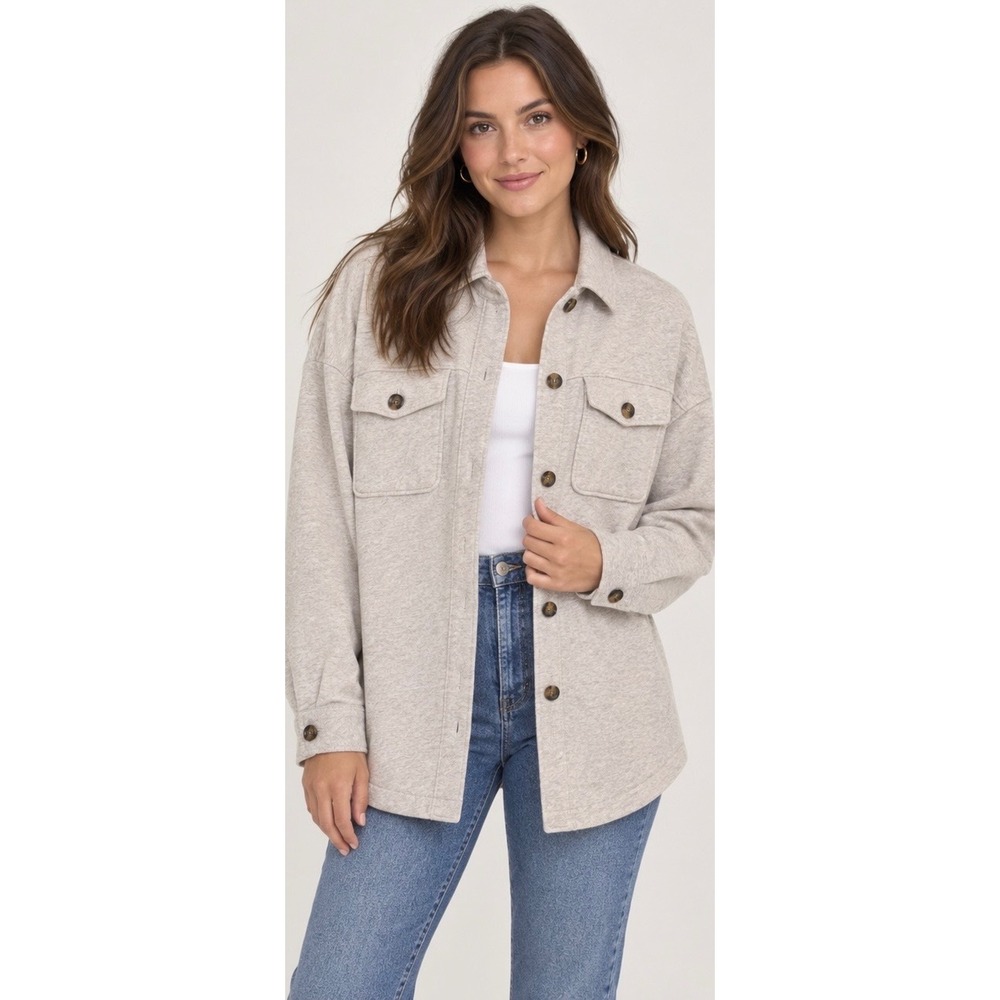 Boden Jersey Fleece Lined Shacket Oatmeal Marl Button Front Shirt Jacket US 6
